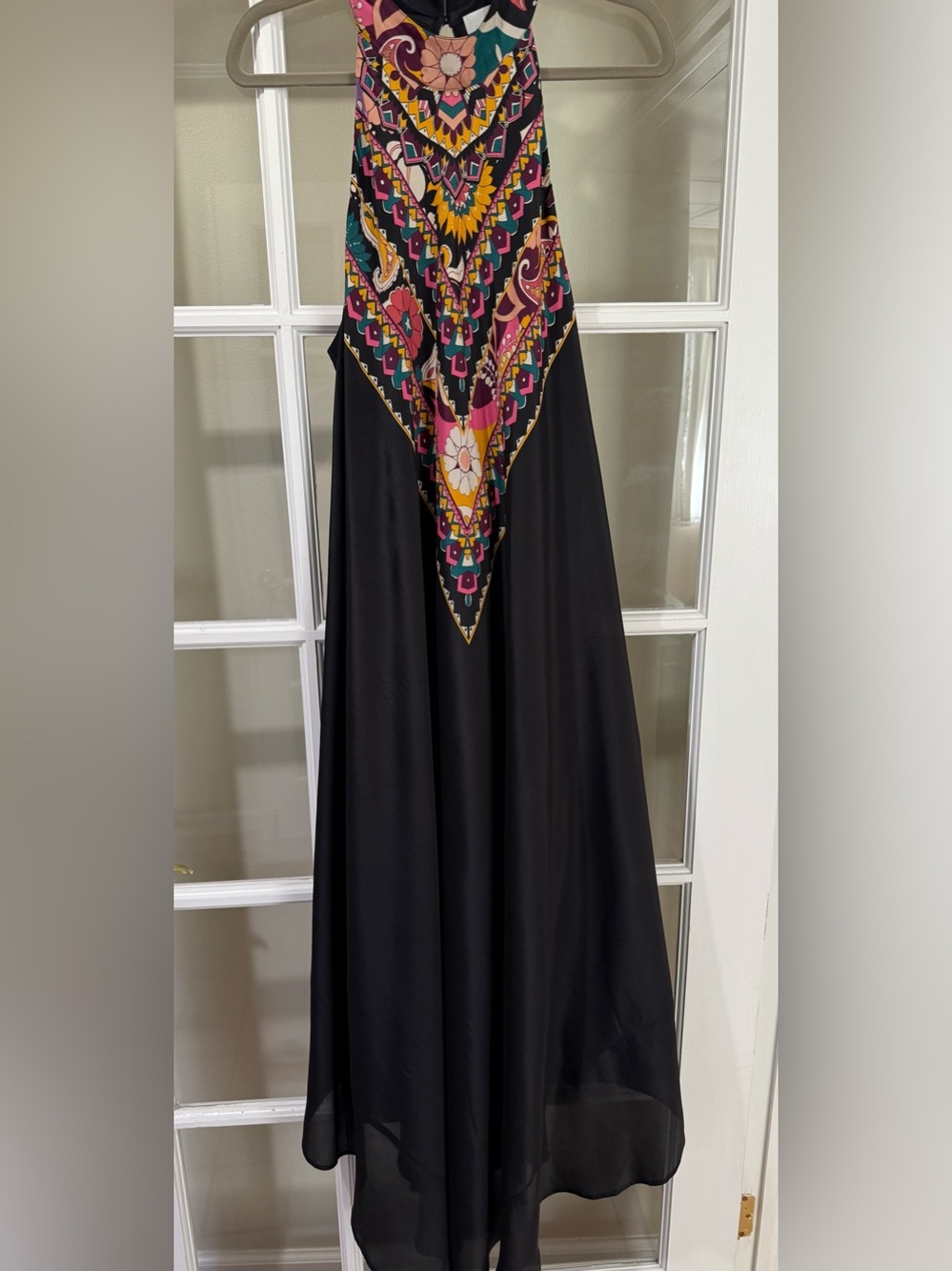 Johnny Was Black Maxi Dress with Multicolor V-Front Print